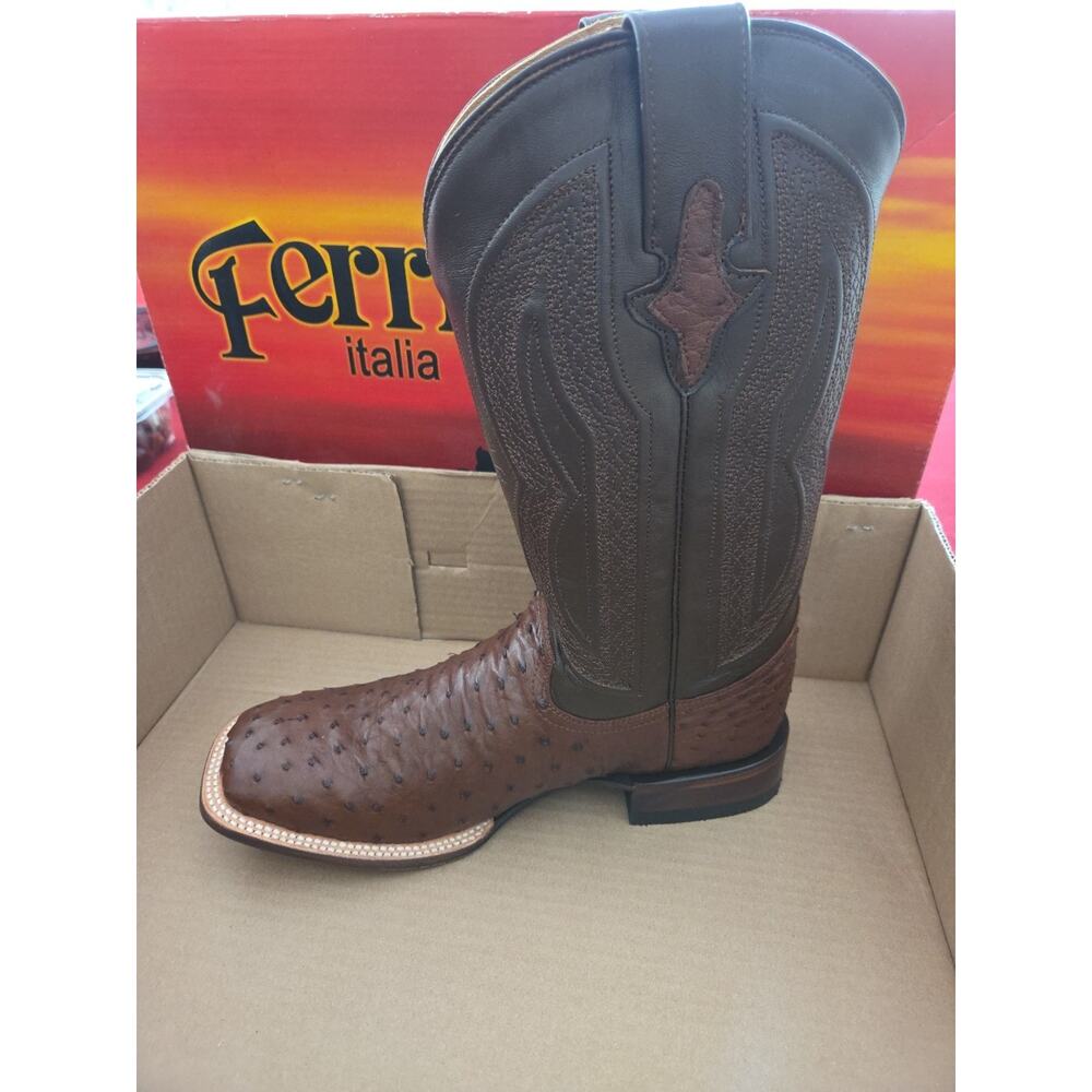 Ferrini Mens Cognac Leather Full Quill Ostrich S-Toe Colt Cowboy Boots